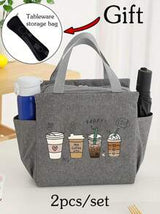A Thermal Lunch Bag With Four Cups Of Black Coffee And A Heart, Leopard Print Pattern Printed On It,Insulated Bag With The "Lut Furst Caffee" Pattern Paired With A Black Cutlery Storage Bag