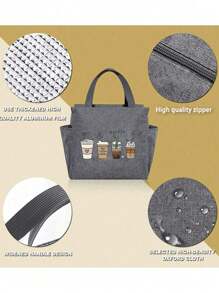 A Thermal Lunch Bag With Four Cups Of Black Coffee And A Heart, Leopard Print Pattern Printed On It,Insulated Bag With The "Lut Furst Caffee" Pattern Paired With A Black Cutlery Storage Bag