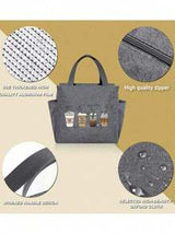 A Thermal Lunch Bag With Four Cups Of Black Coffee And A Heart, Leopard Print Pattern Printed On It,Insulated Bag With The "Lut Furst Caffee" Pattern Paired With A Black Cutlery Storage Bag