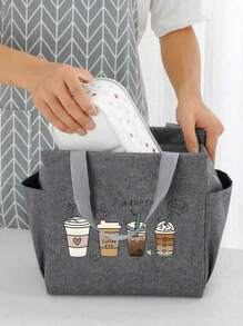 A Thermal Lunch Bag With Four Cups Of Black Coffee And A Heart, Leopard Print Pattern Printed On It,Insulated Bag With The "Lut Furst Caffee" Pattern Paired With A Black Cutlery Storage Bag