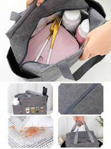 A Thermal Lunch Bag With Four Cups Of Black Coffee And A Heart, Leopard Print Pattern Printed On It,Insulated Bag With The "Lut Furst Caffee" Pattern Paired With A Black Cutlery Storage Bag