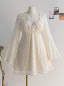 Plus Size Women's Square Neck White Lace Trim Ruffle Sleeve A-Line Mini Dress, Vacation Wear, Spring,Graduation Dress
