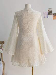 Plus Size Women's Square Neck White Lace Trim Ruffle Sleeve A-Line Mini Dress, Vacation Wear, Spring,Graduation Dress