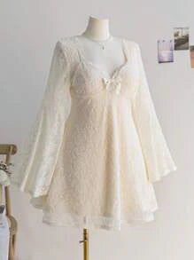 Plus Size Women's Square Neck White Lace Trim Ruffle Sleeve A-Line Mini Dress, Vacation Wear, Spring,Graduation Dress