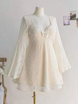 Plus Size Women's Square Neck White Lace Trim Ruffle Sleeve A-Line Mini Dress, Vacation Wear, Spring,Graduation Dress