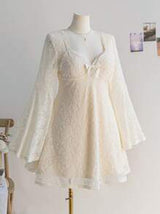 Plus Size Women's Square Neck White Lace Trim Ruffle Sleeve A-Line Mini Dress, Vacation Wear, Spring,Graduation Dress