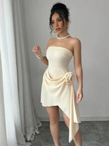 Apricot Color Strapless Waist-Tie A-Line Floral Elegant Romantic Sophisticated Dress For Women, Valentine's Day