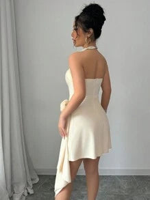Apricot Color Strapless Waist-Tie A-Line Floral Elegant Romantic Sophisticated Dress For Women, Valentine's Day