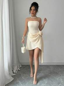 Apricot Color Strapless Waist-Tie A-Line Floral Elegant Romantic Sophisticated Dress For Women, Valentine's Day