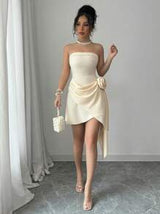 Apricot Color Strapless Waist-Tie A-Line Floral Elegant Romantic Sophisticated Dress For Women, Valentine's Day