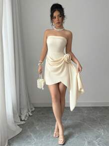 Apricot Color Strapless Waist-Tie A-Line Floral Elegant Romantic Sophisticated Dress For Women, Valentine's Day
