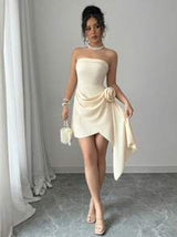 Apricot Color Strapless Waist-Tie A-Line Floral Elegant Romantic Sophisticated Dress For Women, Valentine's Day