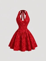 easyown Women's New Waisted Slimming Backless Jacquard Pleated Spaghetti Strap A-Line Short Dress