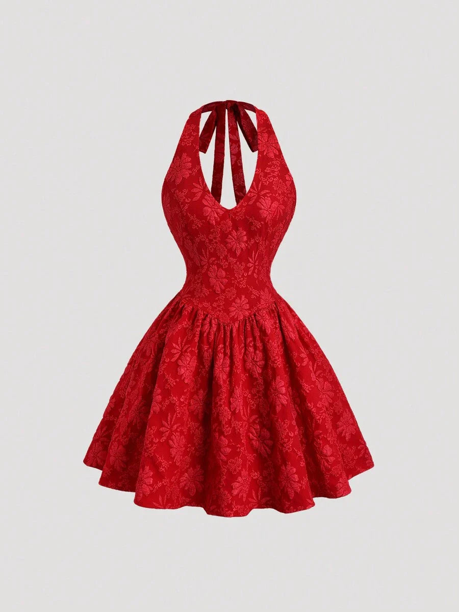 easyown Women's New Waisted Slimming Backless Jacquard Pleated Spaghetti Strap A-Line Short Dress