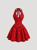easyown Women's New Waisted Slimming Backless Jacquard Pleated Spaghetti Strap A-Line Short Dress