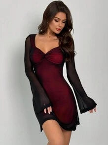 Firerie New Valentine's Day Elegant Sexy Clubwear Party Date Night Red Mesh Sweetheart Neck Twist Front Flare Sleeve Empire Waist Mini Dress, Spring/Summer