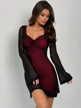 Firerie New Valentine's Day Elegant Sexy Clubwear Party Date Night Red Mesh Sweetheart Neck Twist Front Flare Sleeve Empire Waist Mini Dress, Spring/Summer