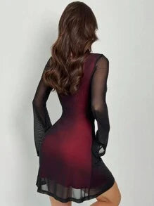 easyown New Valentine's Day Elegant Sexy Clubwear Party Date Night Red Mesh Sweetheart Neck Twist Front Flare Sleeve Empire Waist Mini Dress, Spring/Summer