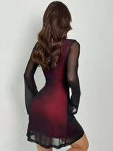 easyown New Valentine's Day Elegant Sexy Clubwear Party Date Night Red Mesh Sweetheart Neck Twist Front Flare Sleeve Empire Waist Mini Dress, Spring/Summer