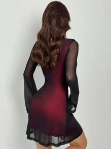 Firerie New Valentine's Day Elegant Sexy Clubwear Party Date Night Red Mesh Sweetheart Neck Twist Front Flare Sleeve Empire Waist Mini Dress, Spring/Summer