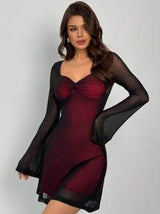 Firerie New Valentine's Day Elegant Sexy Clubwear Party Date Night Red Mesh Sweetheart Neck Twist Front Flare Sleeve Empire Waist Mini Dress, Spring/Summer