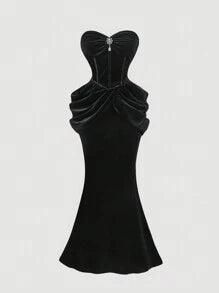 Women Black Vintage Elegant Ruched Fitted Party Dress,Holiday Dress, Dress,Black Velvet Dress,New Years Outfit, New Year Dress