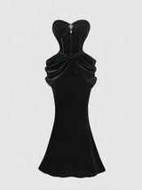 Women Black Vintage Elegant Ruched Fitted Party Dress,Holiday Dress, Dress,Black Velvet Dress,New Years Outfit, New Year Dress