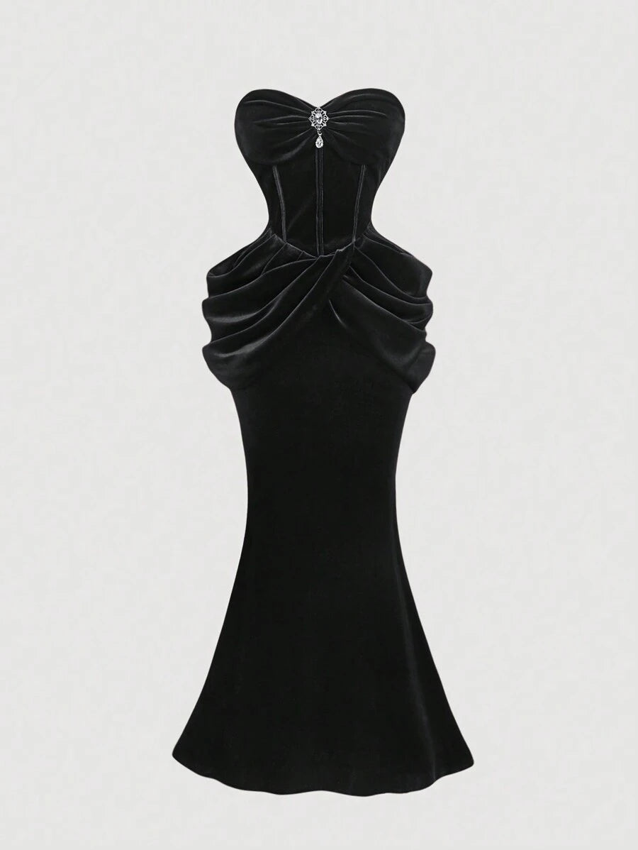 Women Black Vintage Elegant Ruched Fitted Party Dress,Holiday Dress, Dress,Black Velvet Dress,New Years Outfit, New Year Dress
