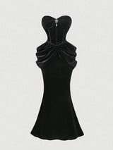 Women Black Vintage Elegant Ruched Fitted Party Dress,Holiday Dress, Dress,Black Velvet Dress,New Years Outfit, New Year Dress