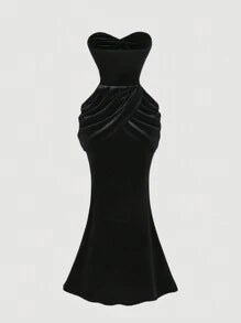 Women Black Vintage Elegant Ruched Fitted Party Dress,Holiday Dress, Dress,Black Velvet Dress,New Years Outfit, New Year Dress