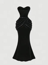 Women Black Vintage Elegant Ruched Fitted Party Dress,Holiday Dress, Dress,Black Velvet Dress,New Years Outfit, New Year Dress
