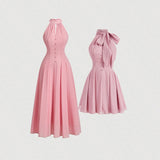 Pink Ribbon Bow Tie Strap Neck Romantic Dress