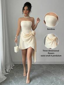 Apricot Color Strapless Waist-Tie A-Line Floral Elegant Romantic Sophisticated Dress For Women, Valentine's Day