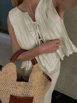 Women's Sleeveless Crew Neck Casual Pleated Tie-Up Crop Top And Low Waist Mermaid Maxi Skirt 2 Pieces Set Skirt.*