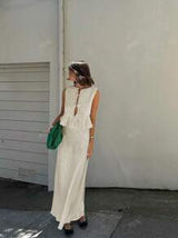 Women's Sleeveless Crew Neck Casual Pleated Tie-Up Crop Top And Low Waist Mermaid Maxi Skirt 2 Pieces Set Skirt.*