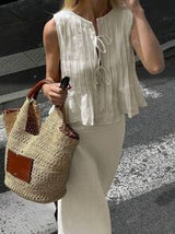 Women's Sleeveless Crew Neck Casual Pleated Tie-Up Crop Top And Low Waist Mermaid Maxi Skirt 2 Pieces Set Skirt.*