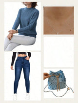 Unity Casual Blue Turtleneck Sweater, Autumn/Winter,Long Sleeve Tops