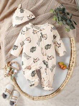 Newborn Apricot Color Cute Dinosaur Allover Print Long Sleeve Jumpsuit With Hat And Gloves Set, Casual Romper