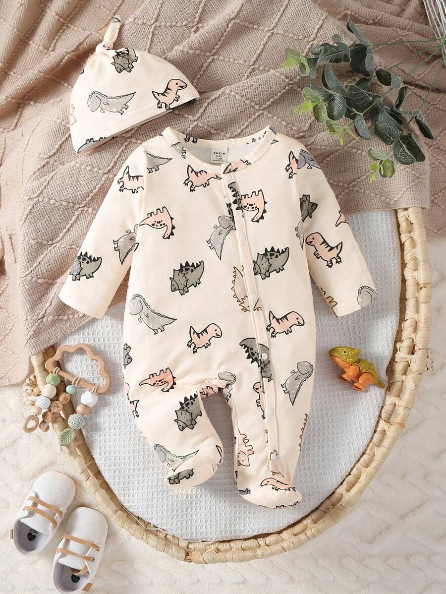 Newborn Apricot Color Cute Dinosaur Allover Print Long Sleeve Jumpsuit With Hat And Gloves Set, Casual Romper