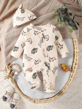 Newborn Apricot Color Cute Dinosaur Allover Print Long Sleeve Jumpsuit With Hat And Gloves Set, Casual Romper