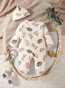Newborn Apricot Color Cute Dinosaur Allover Print Long Sleeve Jumpsuit With Hat And Gloves Set, Casual Romper