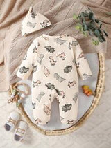 Newborn Apricot Color Cute Dinosaur Allover Print Long Sleeve Jumpsuit With Hat And Gloves Set, Casual Romper