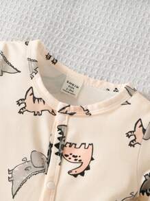 Newborn Apricot Color Cute Dinosaur Allover Print Long Sleeve Jumpsuit With Hat And Gloves Set, Casual Romper