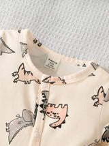Newborn Apricot Color Cute Dinosaur Allover Print Long Sleeve Jumpsuit With Hat And Gloves Set, Casual Romper