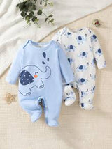 2pcs Newborn Simple Cute Elephant Print White & Blue Long Sleeve & Leg Footed Romper Sleepwear Set