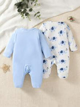 2pcs Newborn Simple Cute Elephant Print White & Blue Long Sleeve & Leg Footed Romper Sleepwear Set