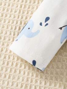 2pcs Newborn Simple Cute Elephant Print White & Blue Long Sleeve & Leg Footed Romper Sleepwear Set