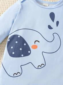 2pcs Newborn Simple Cute Elephant Print White & Blue Long Sleeve & Leg Footed Romper Sleepwear Set