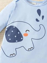 2pcs Newborn Simple Cute Elephant Print White & Blue Long Sleeve & Leg Footed Romper Sleepwear Set