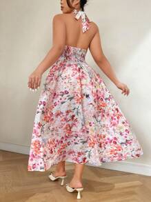 Celure Plus Size Women's Summer Pink Floral Wrap Tied Waist Dress, Vacation Style